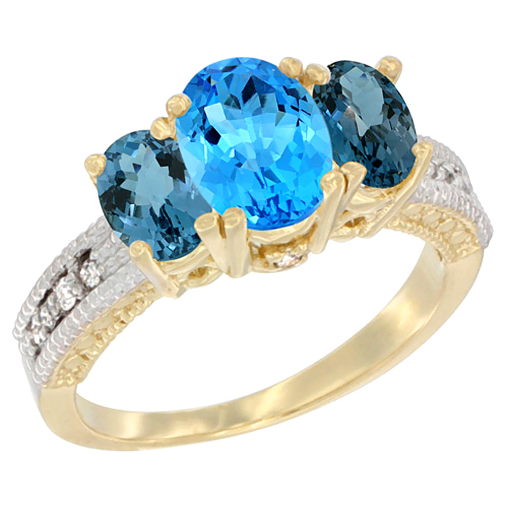 14K Yellow Gold Diamond Natural Swiss Blue Topaz Ring Oval 3-stone with London Blue Topaz, sizes 5-10