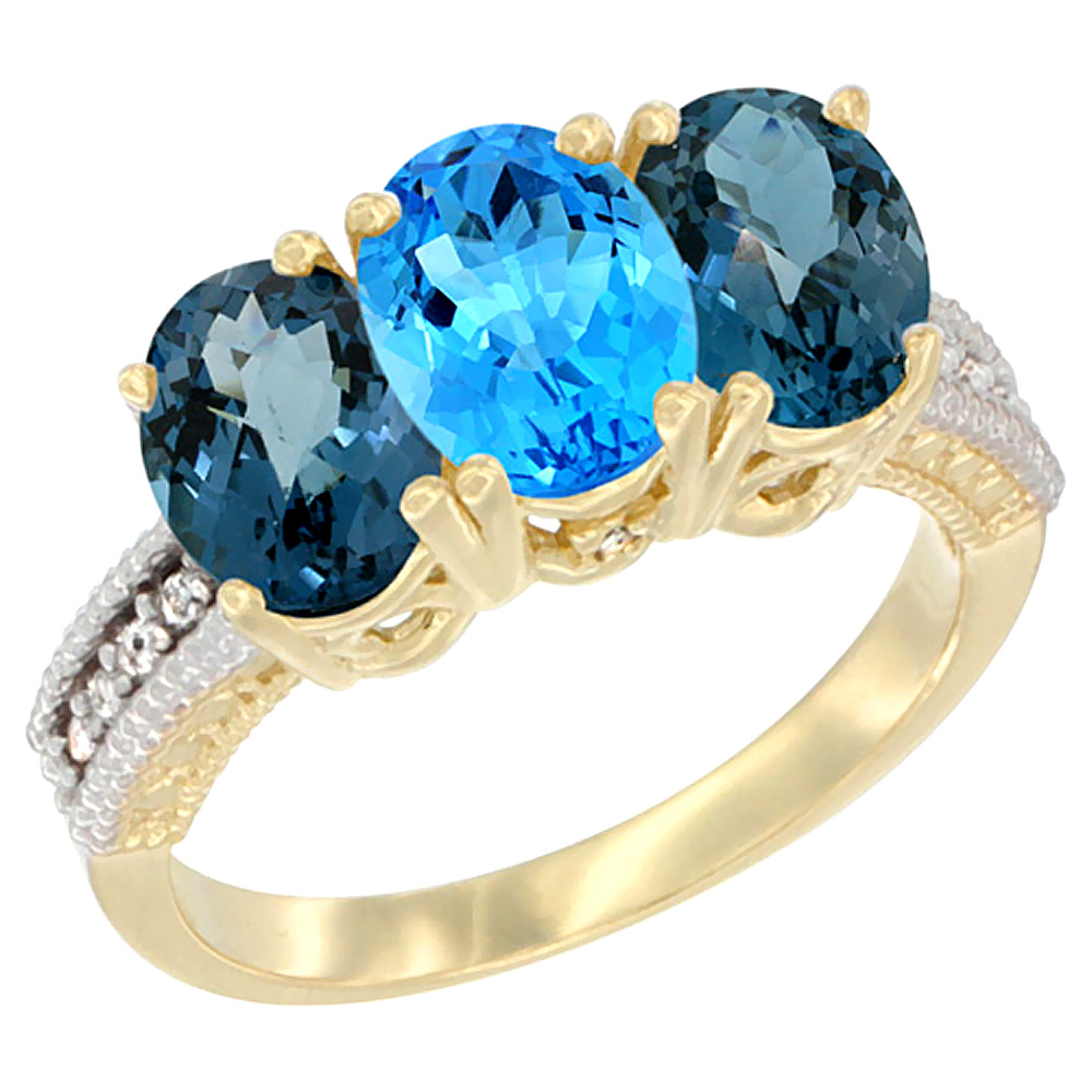 14K Yellow Gold Natural Swiss Blue Topaz &amp; London Blue Topaz Sides Ring 3-Stone 7x5 mm Oval Diamond Accent, sizes 5 - 10