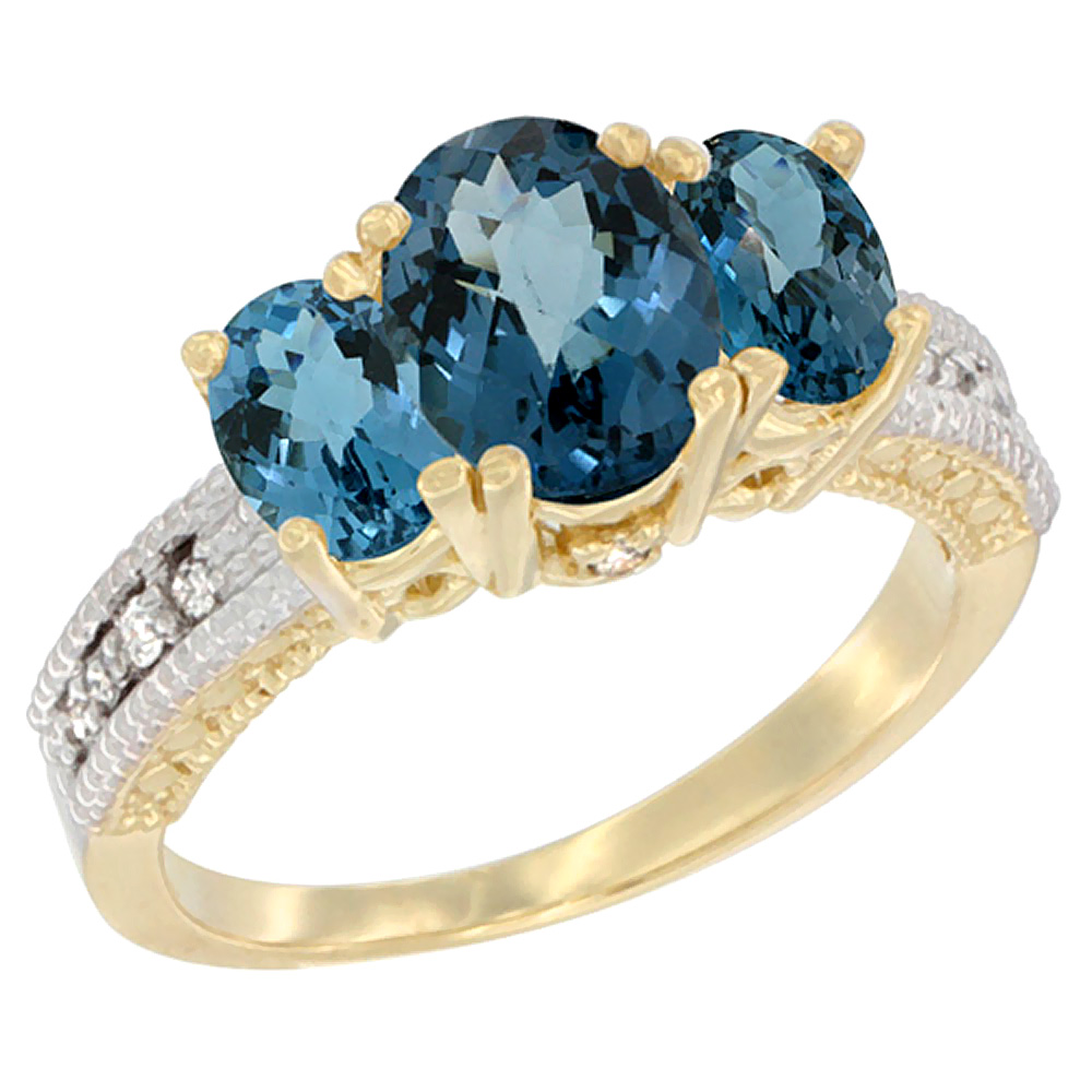 10K Yellow Gold Diamond Natural London Blue Topaz Ring Oval 3-stone, sizes 5 - 10