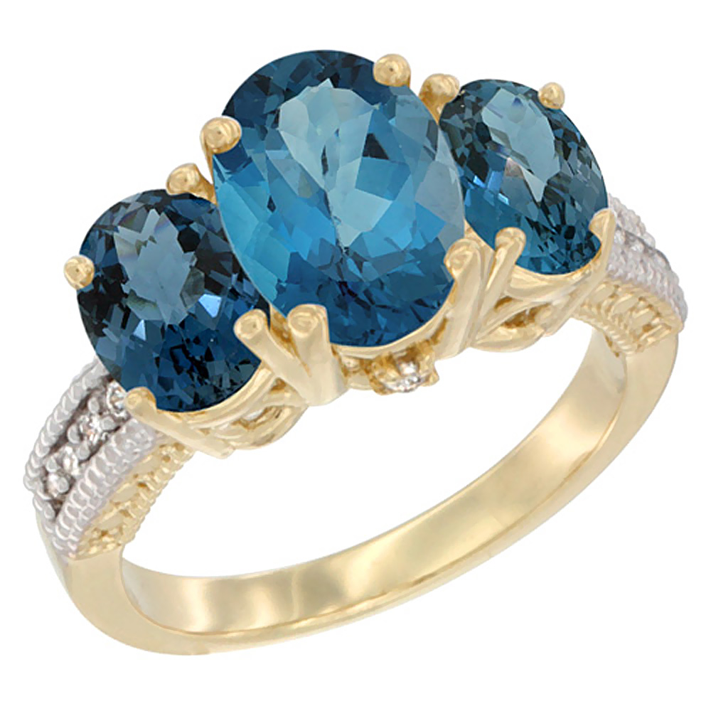 14K Yellow Gold Diamond Natural London Blue Topaz Ring 3-Stone Oval 8x6mm, sizes5-10