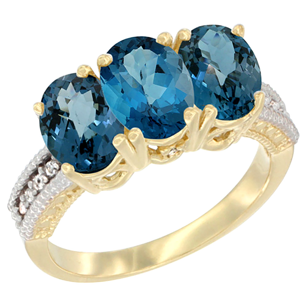 10K Yellow Gold Diamond Natural London Blue Topaz & Ring 3-Stone Oval 7x5 mm, sizes 5 - 10