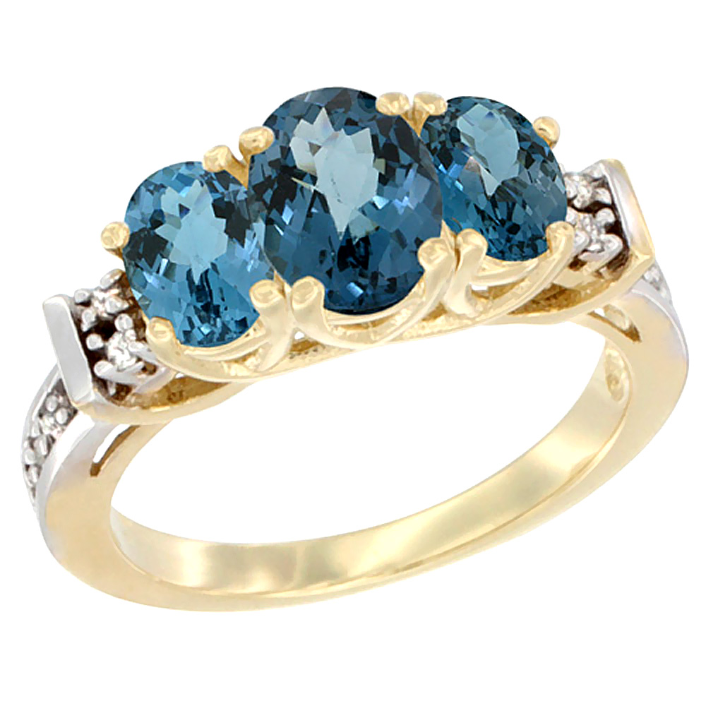 10K Yellow Gold Natural London Blue Topaz Ring 3-Stone Oval Diamond Accent