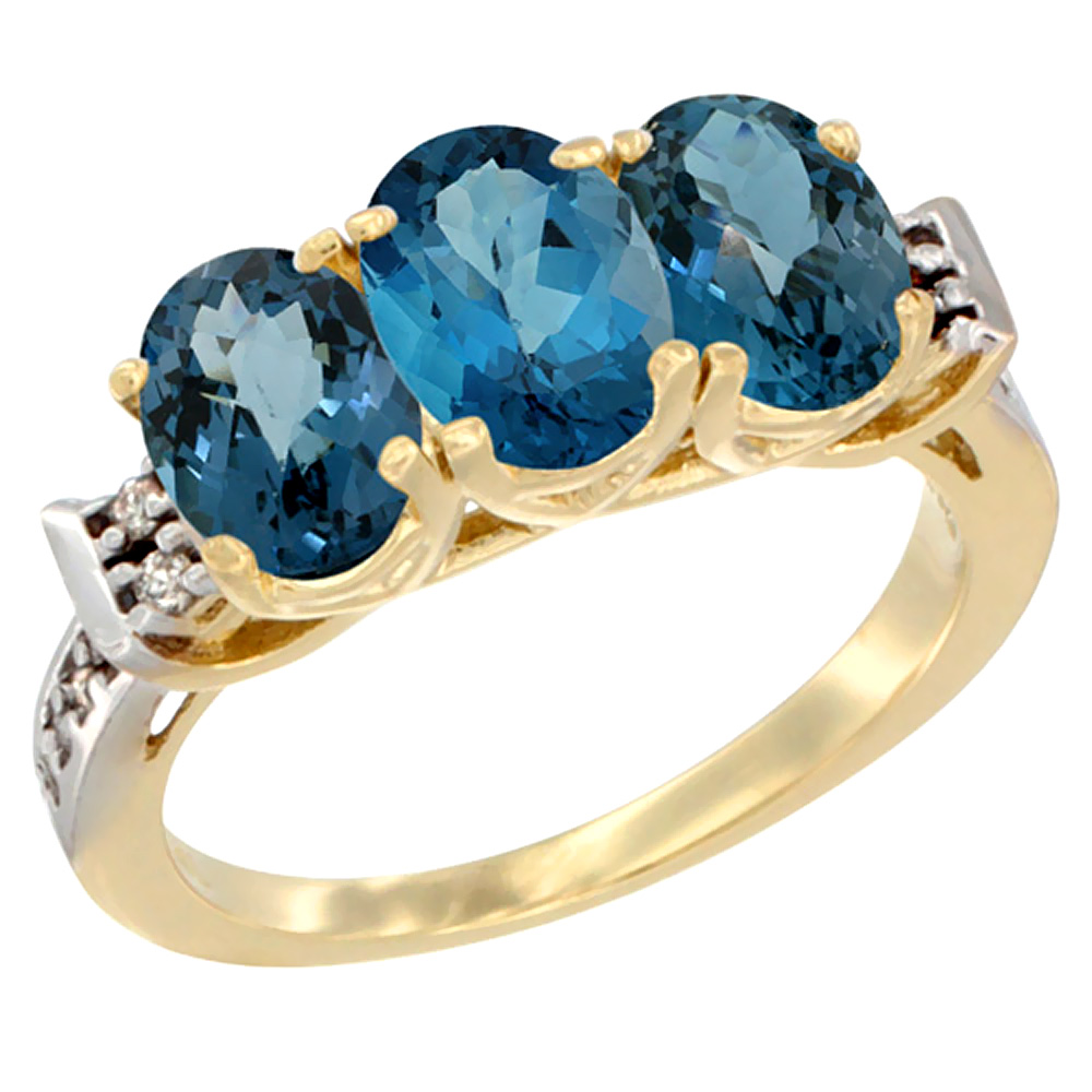 10K Yellow Gold Natural London Blue Topaz & Ring 3-Stone Oval 7x5 mm Diamond Accent, sizes 5 - 10
