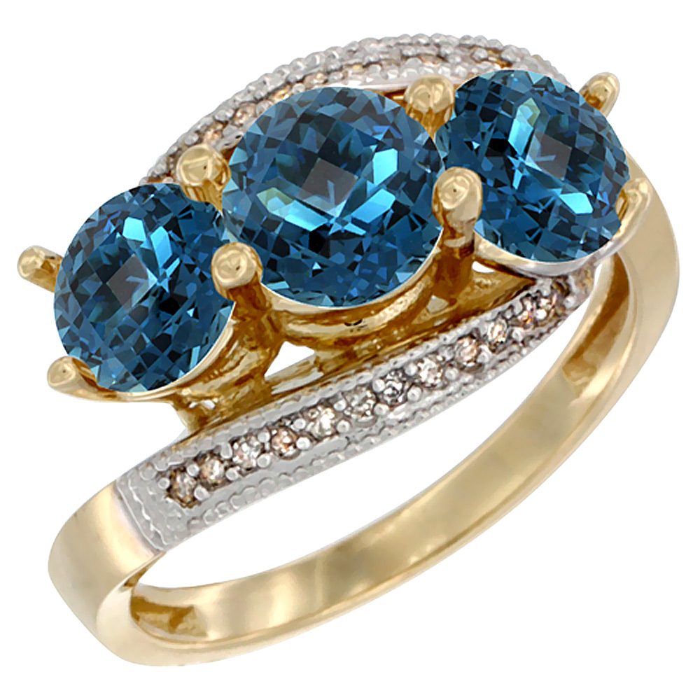 10K Yellow Gold Natural London Blue Topaz 3 stone Ring Round 6mm Diamond Accent, sizes 5 - 10