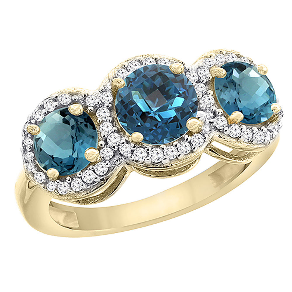 10K Yellow Gold Natural London Blue Topaz Round 3-stone Ring Diamond Accents, sizes 5 - 10