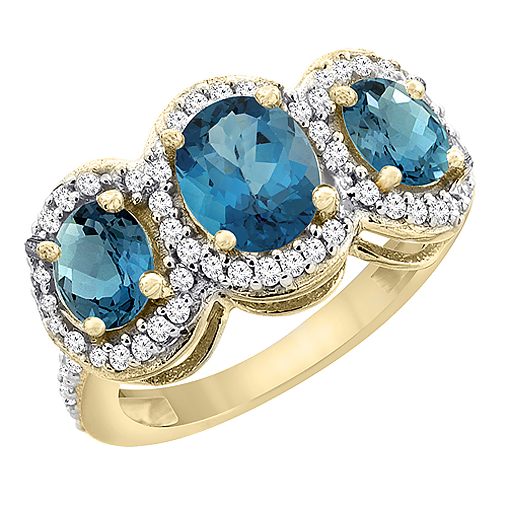14K Yellow Gold Natural London Blue Topaz 3-Stone Ring Oval Diamond Accent, sizes 5 - 10