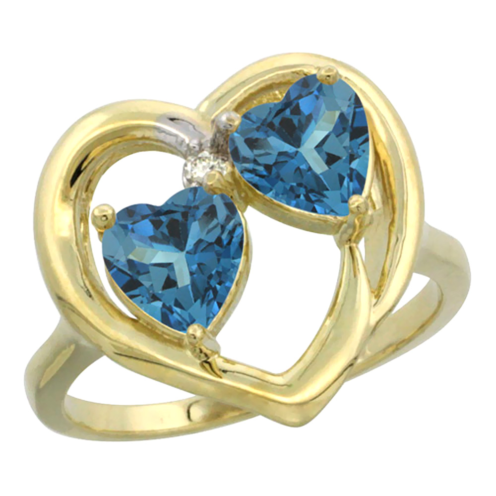 14K Yellow Gold Diamond Two-stone Heart Ring 6mm Natural London Blue Topaz, sizes 5-10