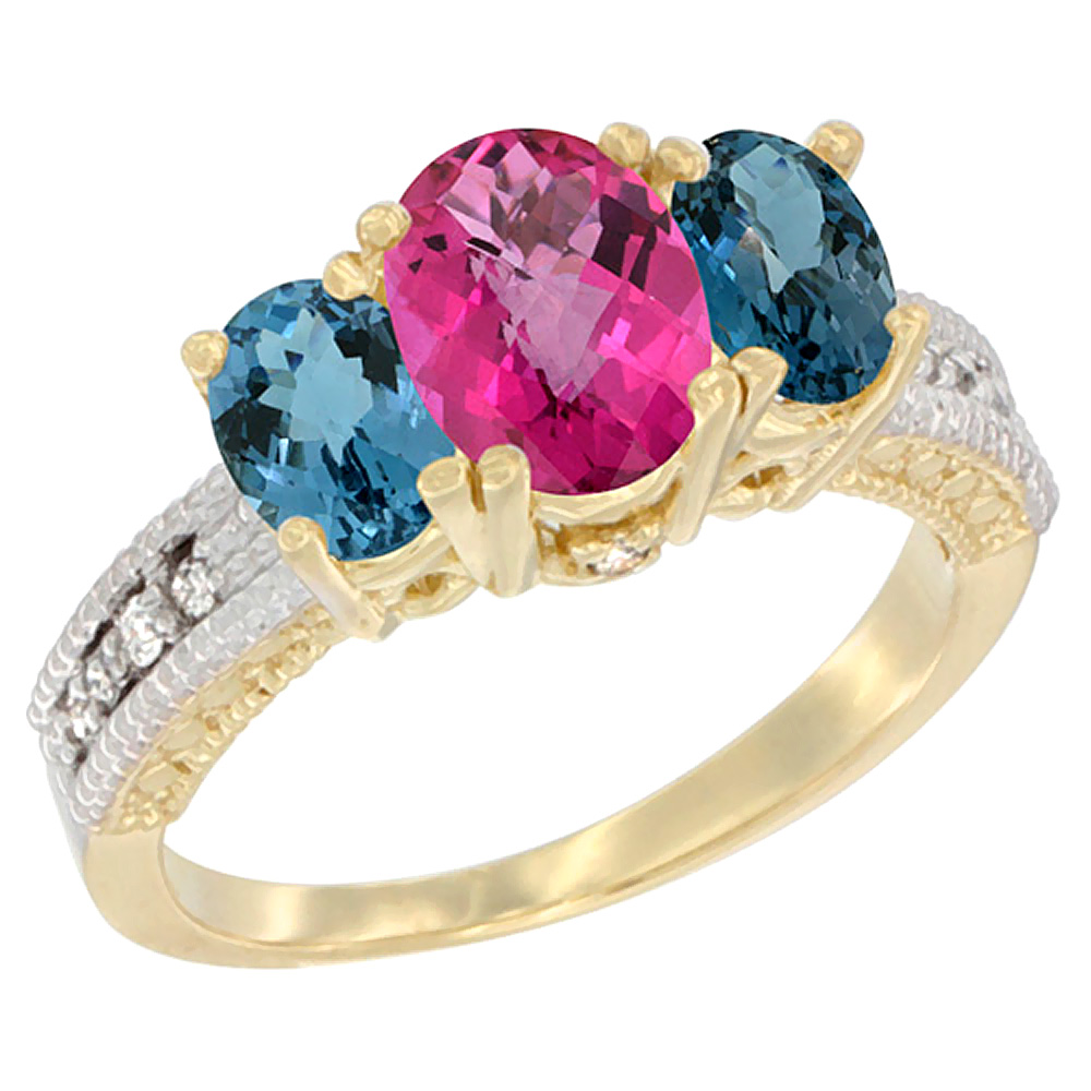 14K Yellow Gold Diamond Natural Pink Topaz Ring Oval 3-stone with London Blue Topaz, sizes 5 - 10