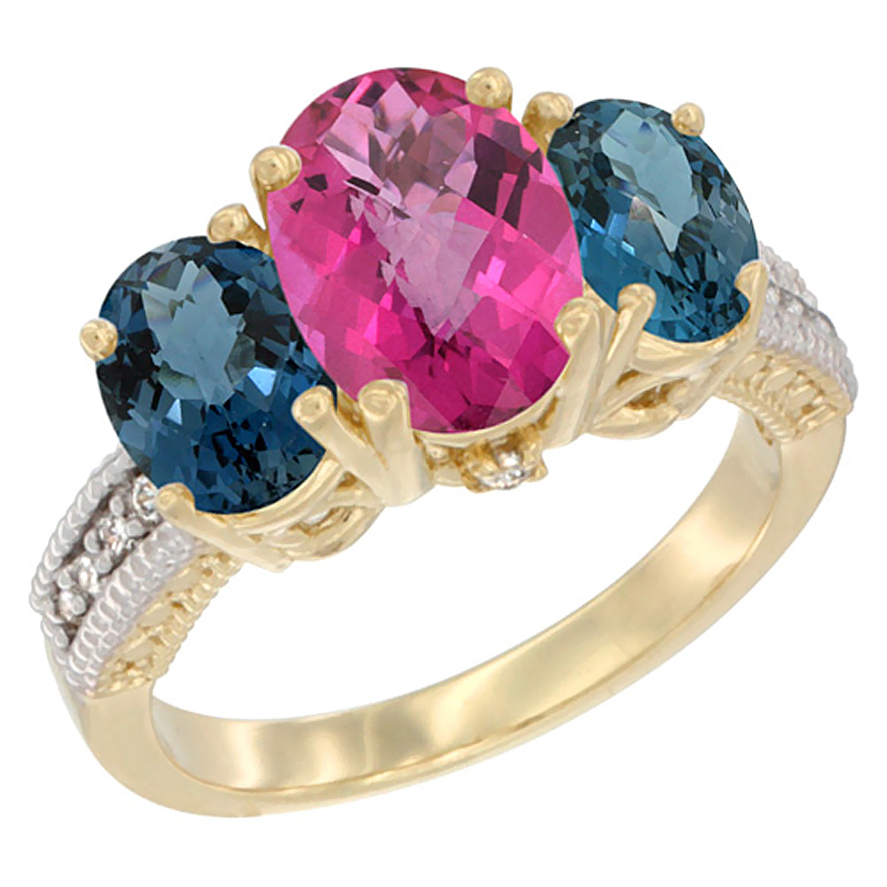 10K Yellow Gold Diamond Natural Pink Topaz Ring 3-Stone Oval 8x6mm with London Blue Topaz, sizes5-10
