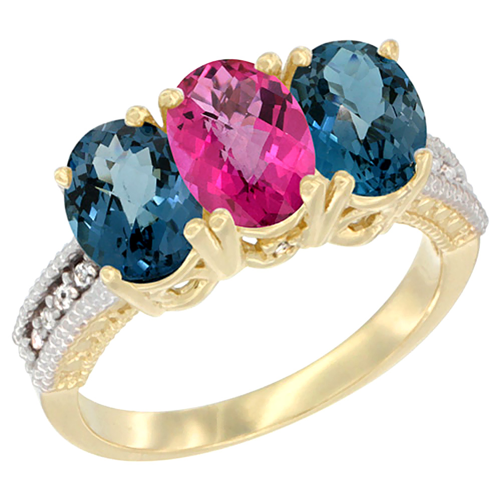 14K Yellow Gold Natural Pink Topaz &amp; London Blue Topaz Sides Ring 3-Stone 7x5 mm Oval Diamond Accent, sizes 5 - 10