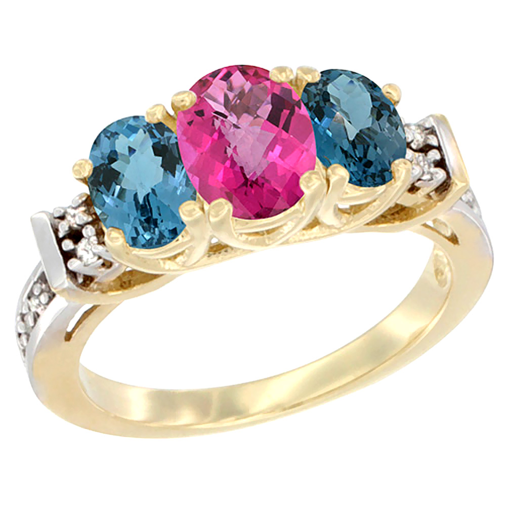 14K Yellow Gold Natural Pink Topaz & London Blue Ring 3-Stone Oval Diamond Accent