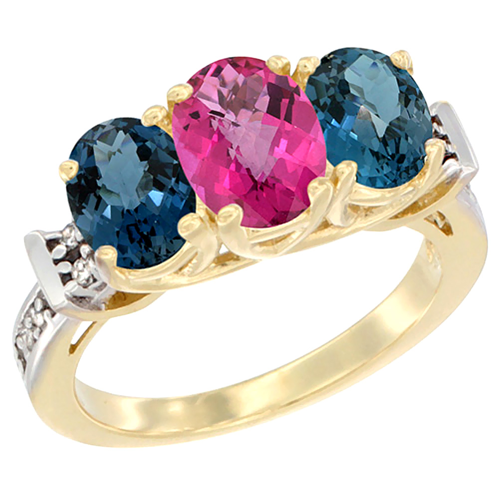 10K Yellow Gold Natural Pink Topaz &amp; London Blue Topaz Sides Ring 3-Stone Oval Diamond Accent, sizes 5 - 10