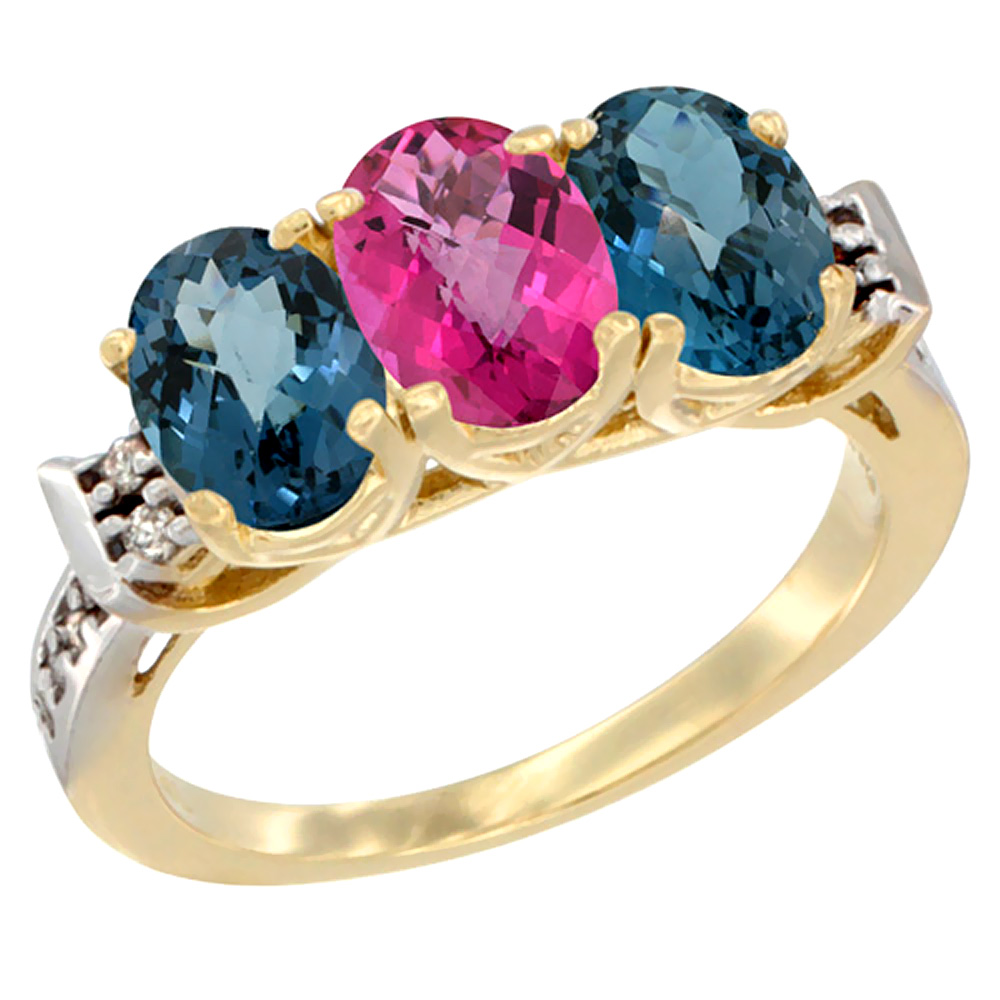 10K Yellow Gold Natural Pink Topaz & London Blue Topaz Sides Ring 3-Stone Oval 7x5 mm Diamond Accent, sizes 5 - 10