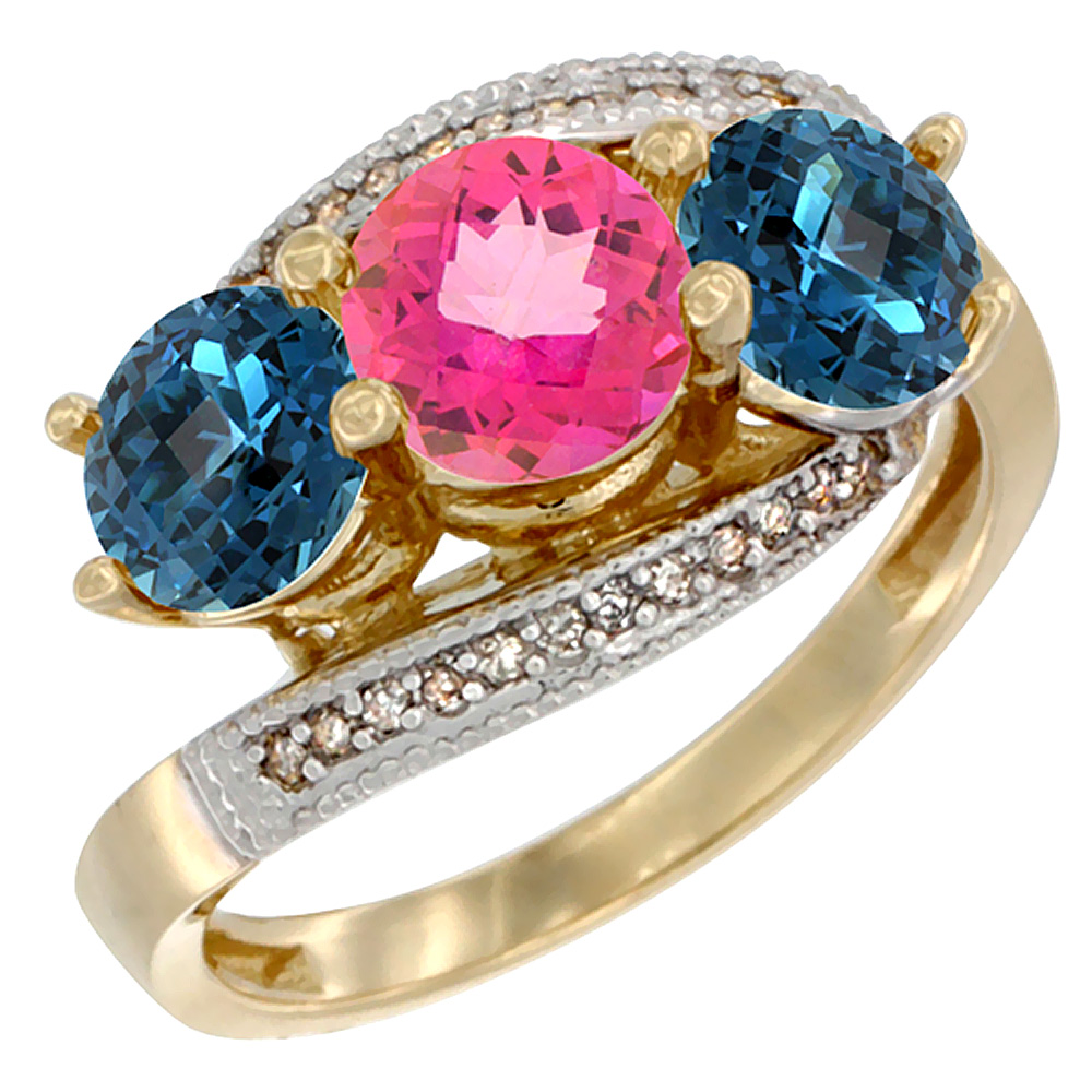 10K Yellow Gold Natural Pink Topaz &amp; London Blue Topaz Sides 3 stone Ring Round 6mm Diamond Accent, sizes 5 - 10
