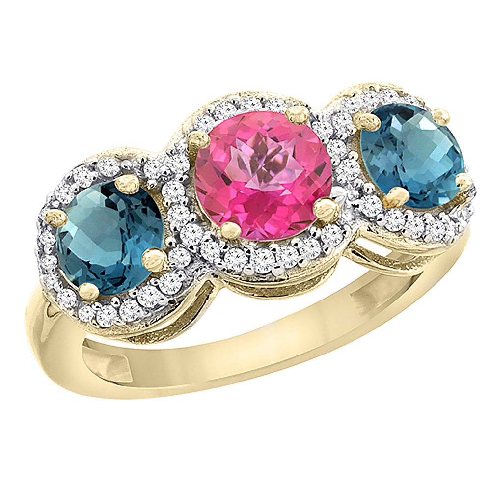 10K Yellow Gold Natural Pink Topaz & London Blue Topaz Sides Round 3-stone Ring Diamond Accents, sizes 5 - 10