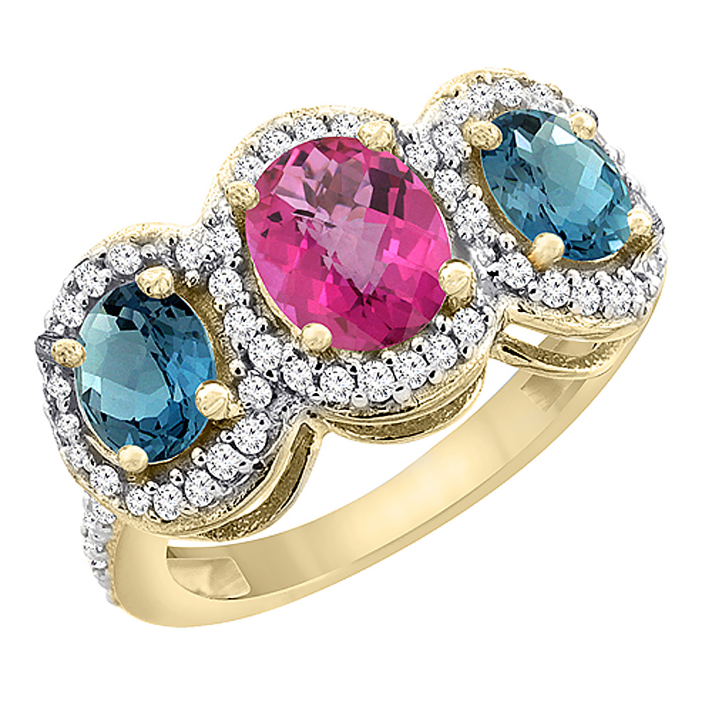 14K Yellow Gold Natural Pink Topaz &amp; London Blue Topaz 3-Stone Ring Oval Diamond Accent, sizes 5 - 10