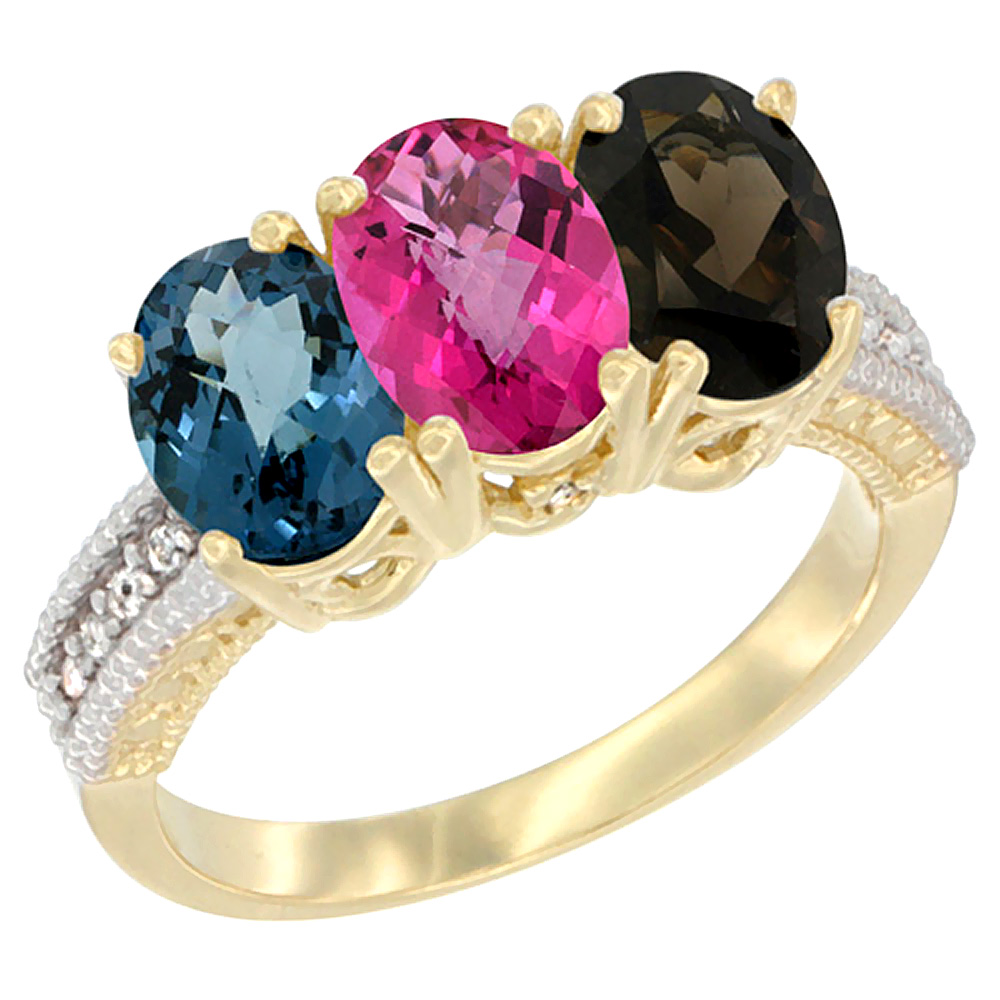 14K Yellow Gold Natural London Blue Topaz, Pink Topaz & Smoky Topaz Ring 3-Stone 7x5 mm Oval Diamond Accent, sizes 5 - 10