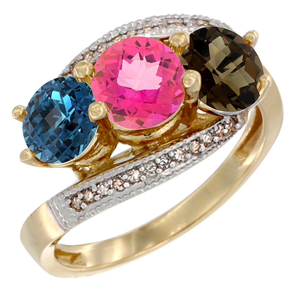 10K Yellow Gold Natural London Blue Topaz, Pink & Smoky Topaz 3 stone Ring Round 6mm Diamond Accent, sizes 5 - 10