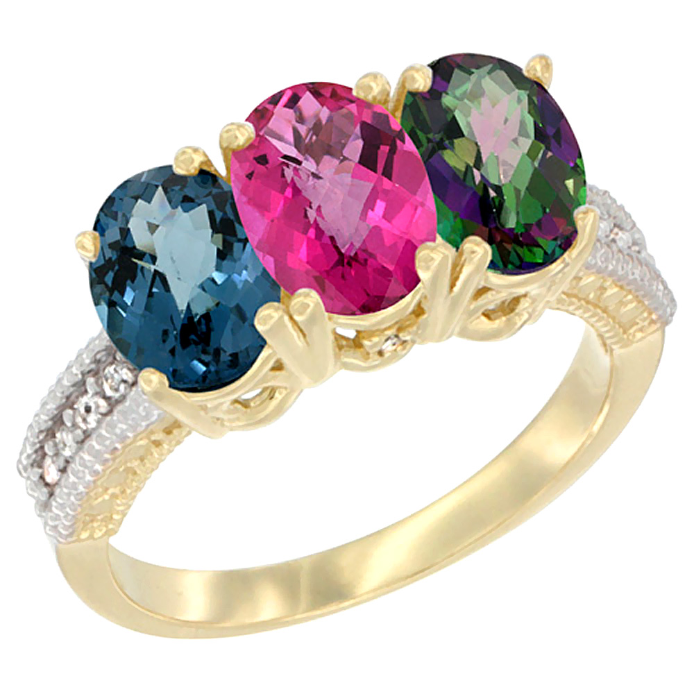 14K Yellow Gold Natural London Blue Topaz, Pink Topaz &amp; Mystic Topaz Ring 3-Stone 7x5 mm Oval Diamond Accent, sizes 5 - 10