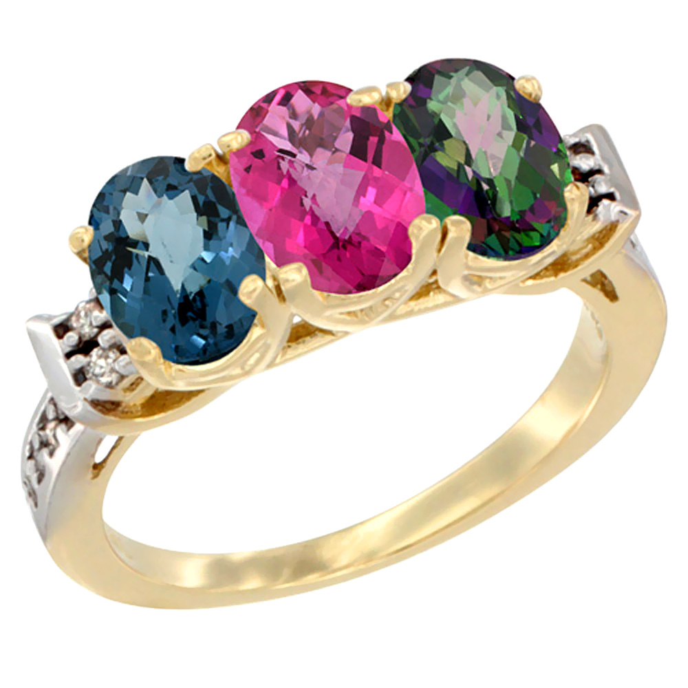 14K Yellow Gold Natural London Blue Topaz, Pink Topaz &amp; Mystic Topaz Ring 3-Stone 7x5 mm Oval Diamond Accent, sizes 5 - 10