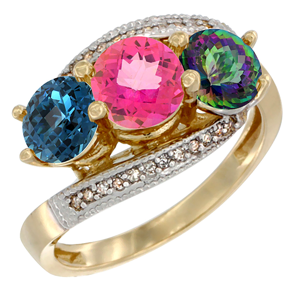 14K Yellow Gold Natural London Blue Topaz, Pink &amp; Mystic Topaz 3 stone Ring Round 6mm Diamond Accent, sizes 5 - 10