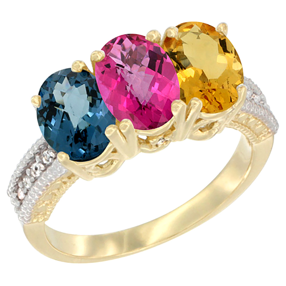 14K Yellow Gold Natural London Blue Topaz, Pink Topaz & Citrine Ring 3-Stone 7x5 mm Oval Diamond Accent, sizes 5 - 10