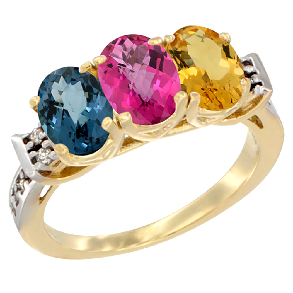 10K Yellow Gold Natural London Blue Topaz, Pink Topaz & Citrine Ring 3-Stone Oval 7x5 mm Diamond Accent, sizes 5 - 10