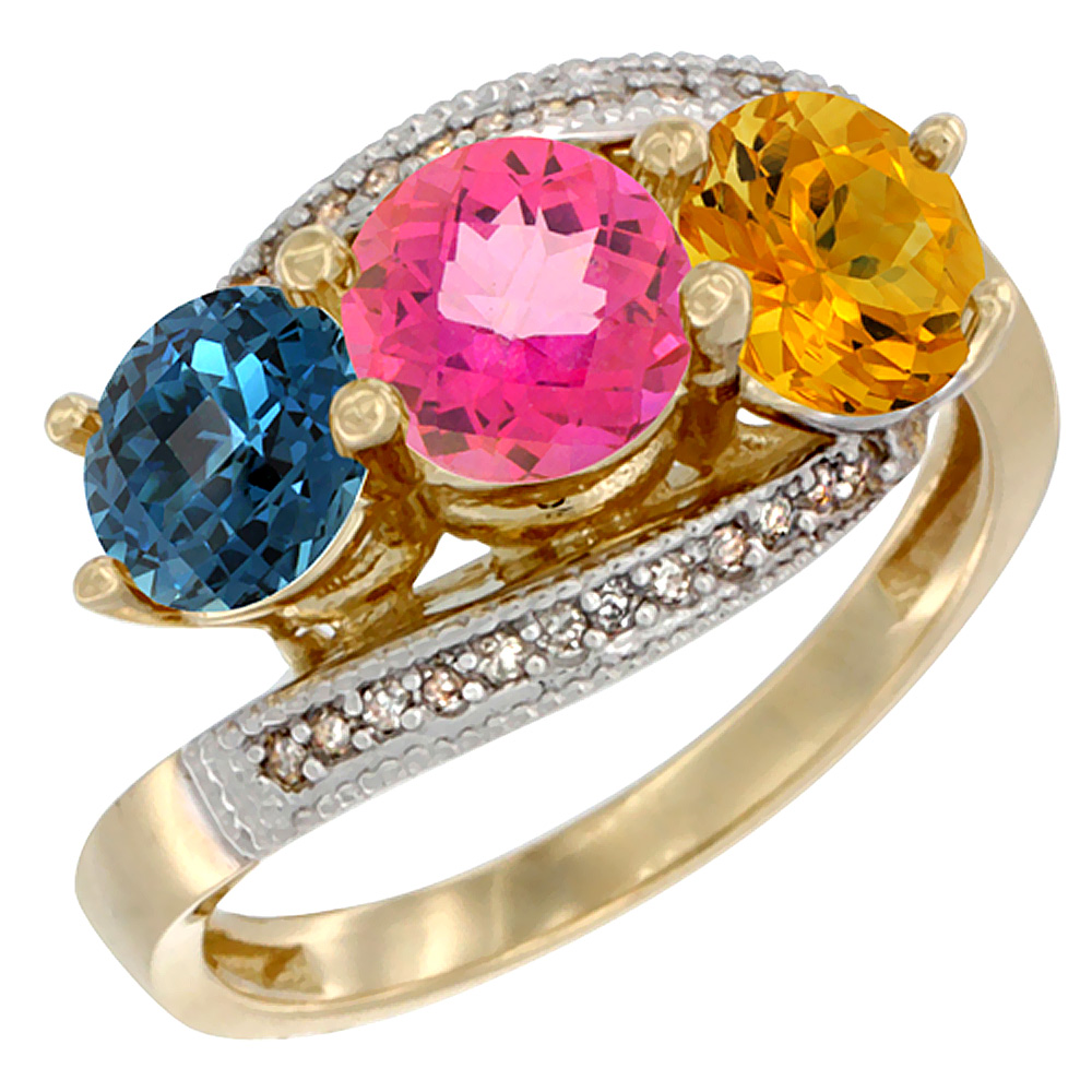 10K Yellow Gold Natural London Blue Topaz, Pink Topaz &amp; Citrine 3 stone Ring Round 6mm Diamond Accent, sizes 5 - 10