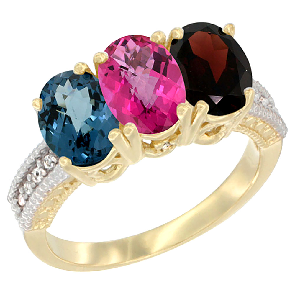 14K Yellow Gold Natural London Blue Topaz, Pink Topaz & Garnet Ring 3-Stone 7x5 mm Oval Diamond Accent, sizes 5 - 10