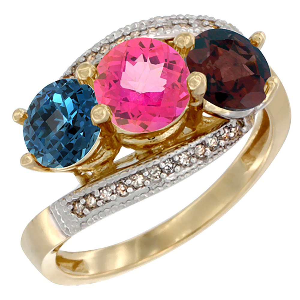 10K Yellow Gold Natural London Blue Topaz, Pink Topaz &amp; Garnet 3 stone Ring Round 6mm Diamond Accent, sizes 5 - 10