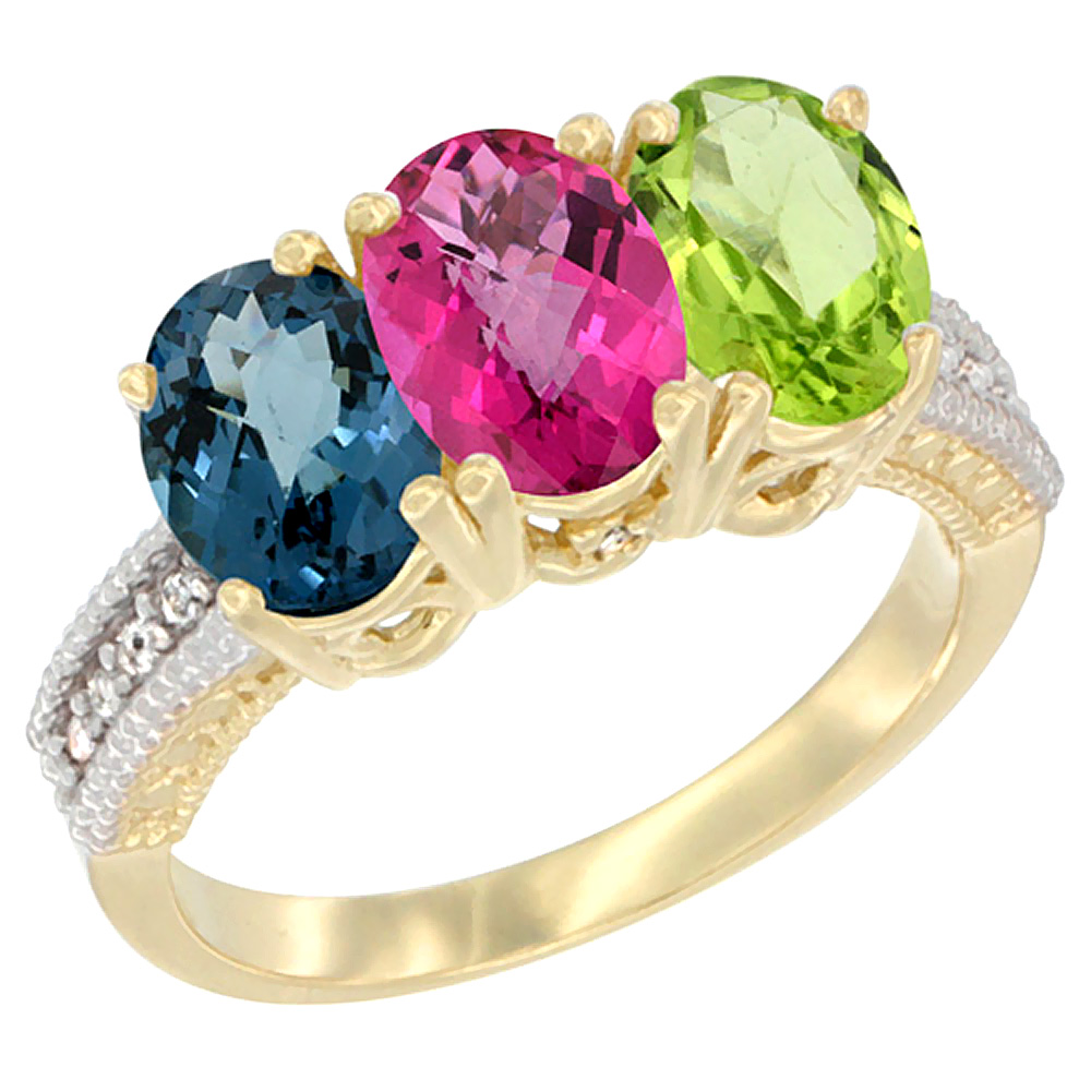 14K Yellow Gold Natural London Blue Topaz, Pink Topaz & Peridot Ring 3-Stone 7x5 mm Oval Diamond Accent, sizes 5 - 10