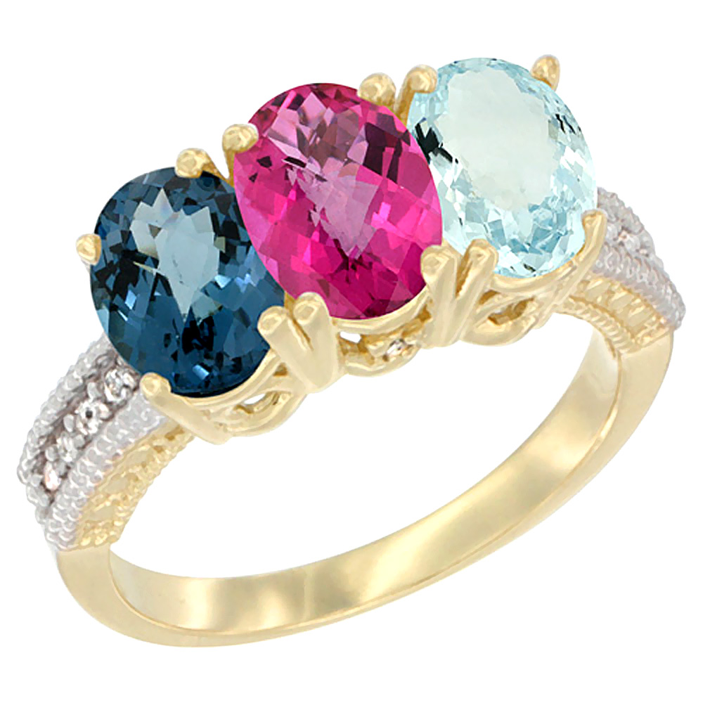 14K Yellow Gold Natural London Blue Topaz, Pink Topaz &amp; Aquamarine Ring 3-Stone 7x5 mm Oval Diamond Accent, sizes 5 - 10
