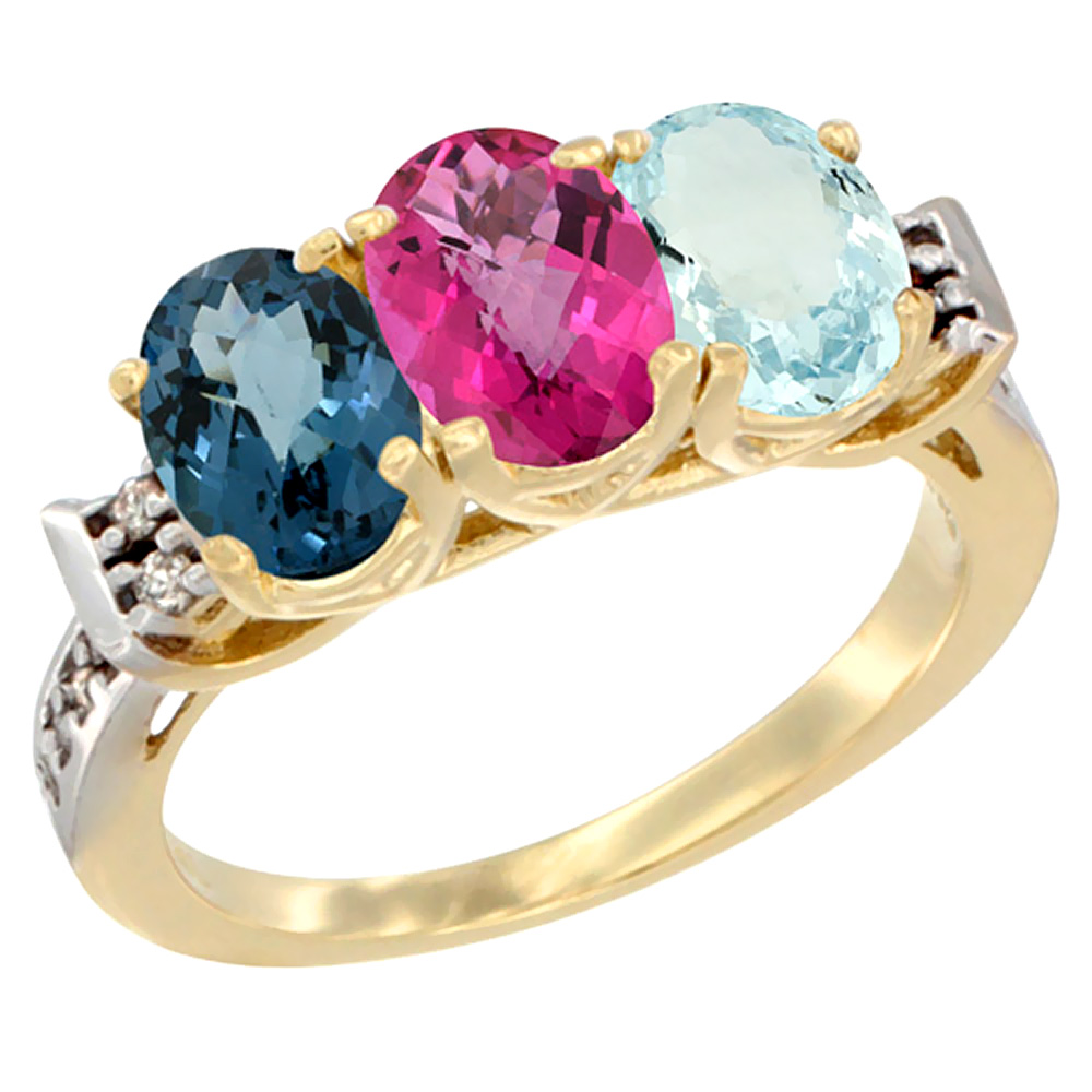 10K Yellow Gold Natural London Blue Topaz, Pink Topaz & Aquamarine Ring 3-Stone Oval 7x5 mm Diamond Accent, sizes 5 - 10
