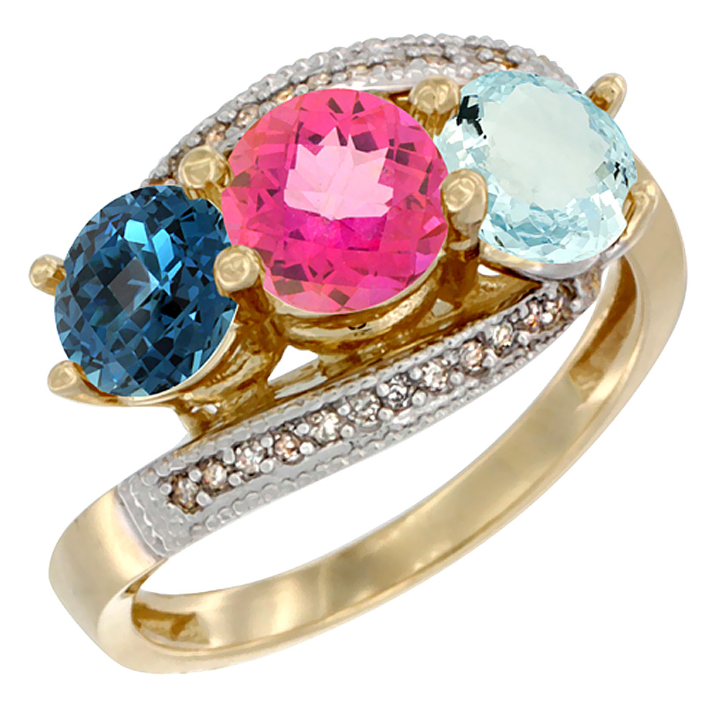 14K Yellow Gold Natural London Blue Topaz, Pink Topaz &amp; Aquamarine 3 stone Ring Round 6mm Diamond Accent, sizes 5 - 10