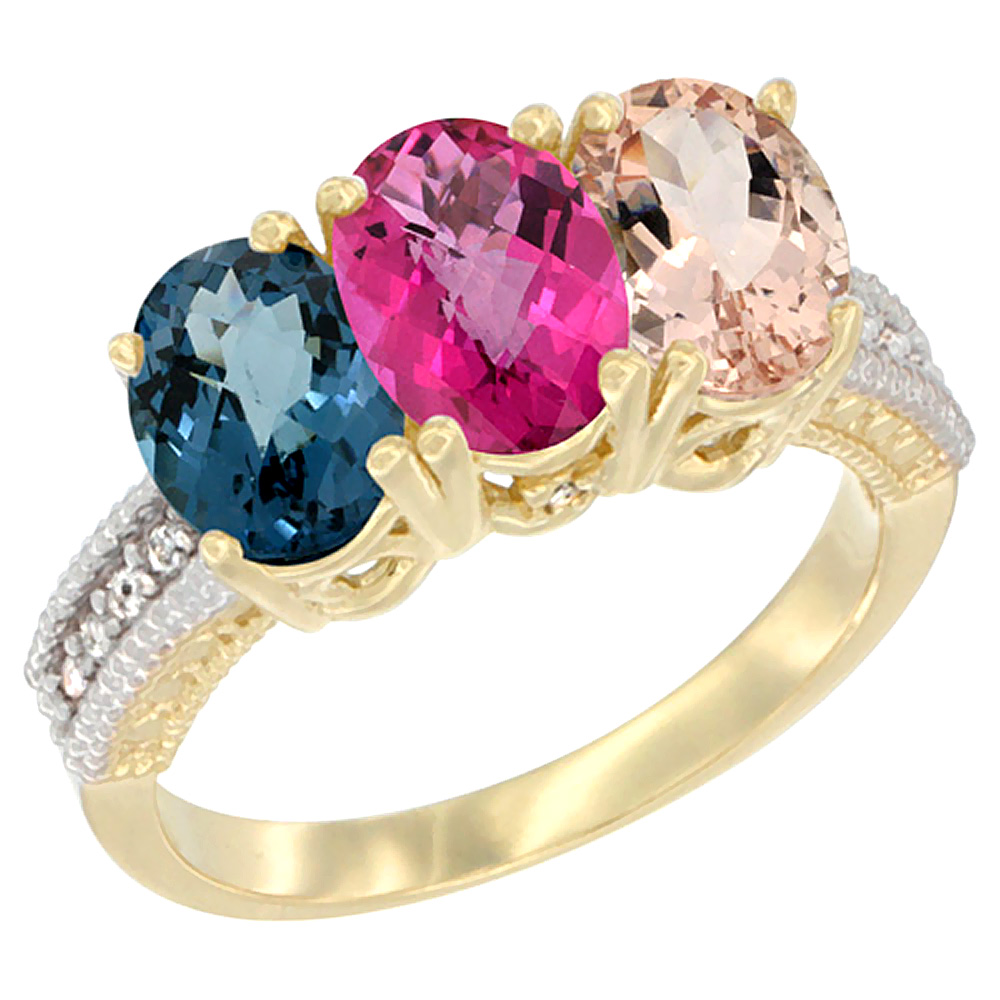 14K Yellow Gold Natural London Blue Topaz, Pink Topaz & Morganite Ring 3-Stone 7x5 mm Oval Diamond Accent, sizes 5 - 10
