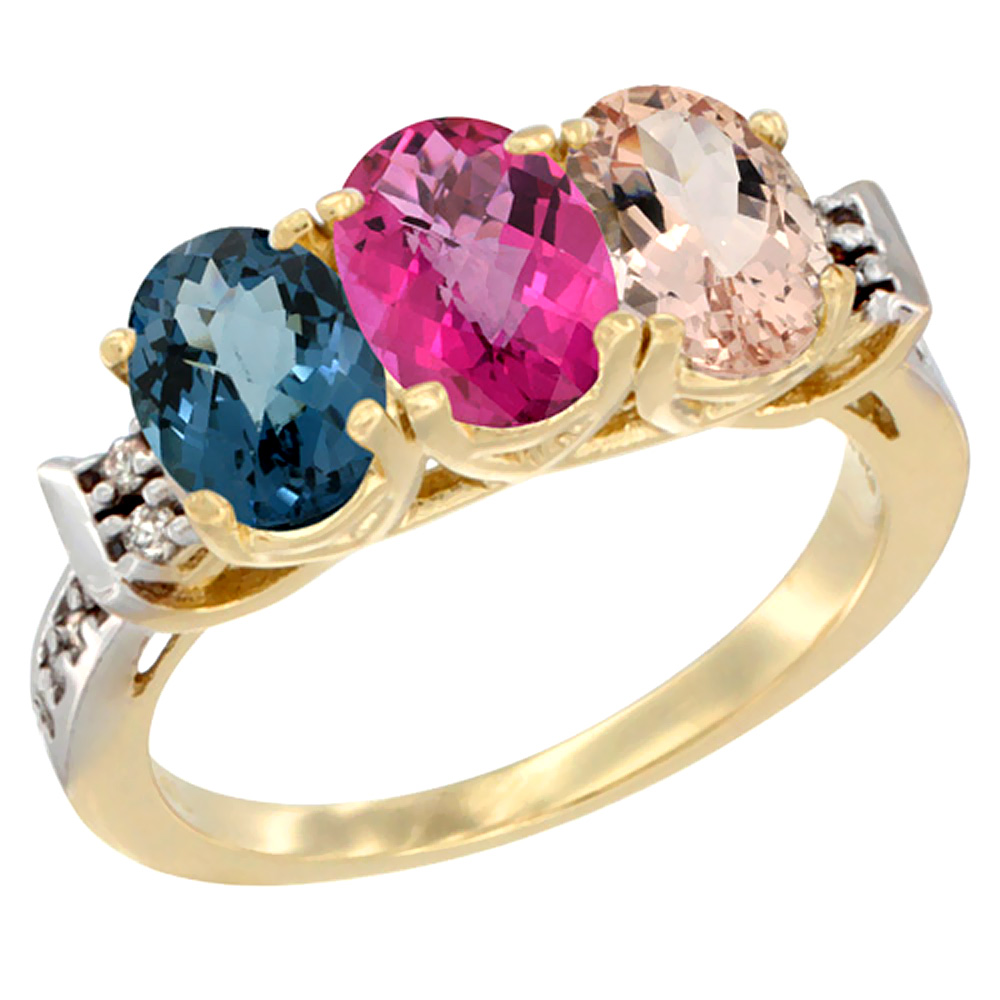 10K Yellow Gold Natural London Blue Topaz, Pink Topaz &amp; Morganite Ring 3-Stone Oval 7x5 mm Diamond Accent, sizes 5 - 10