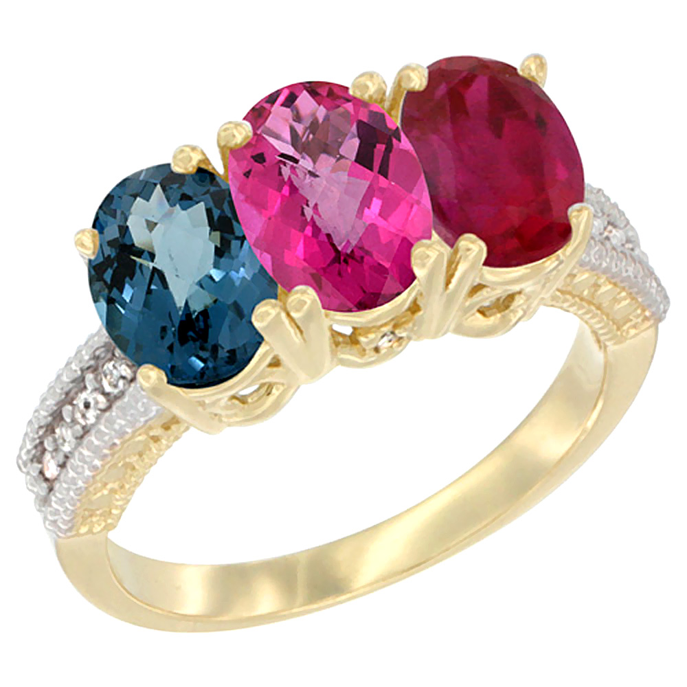 14K Yellow Gold Natural London Blue Topaz, Pink Topaz &amp; Enhanced Ruby Ring 3-Stone 7x5 mm Oval Diamond Accent, sizes 5 - 10