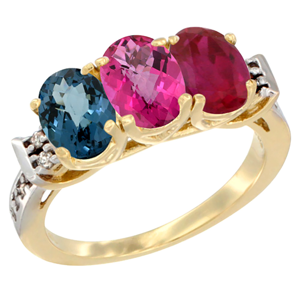 10K Yellow Gold Natural London Blue Topaz, Pink Topaz &amp; Enhanced Ruby Ring 3-Stone Oval 7x5 mm Diamond Accent, sizes 5 - 10