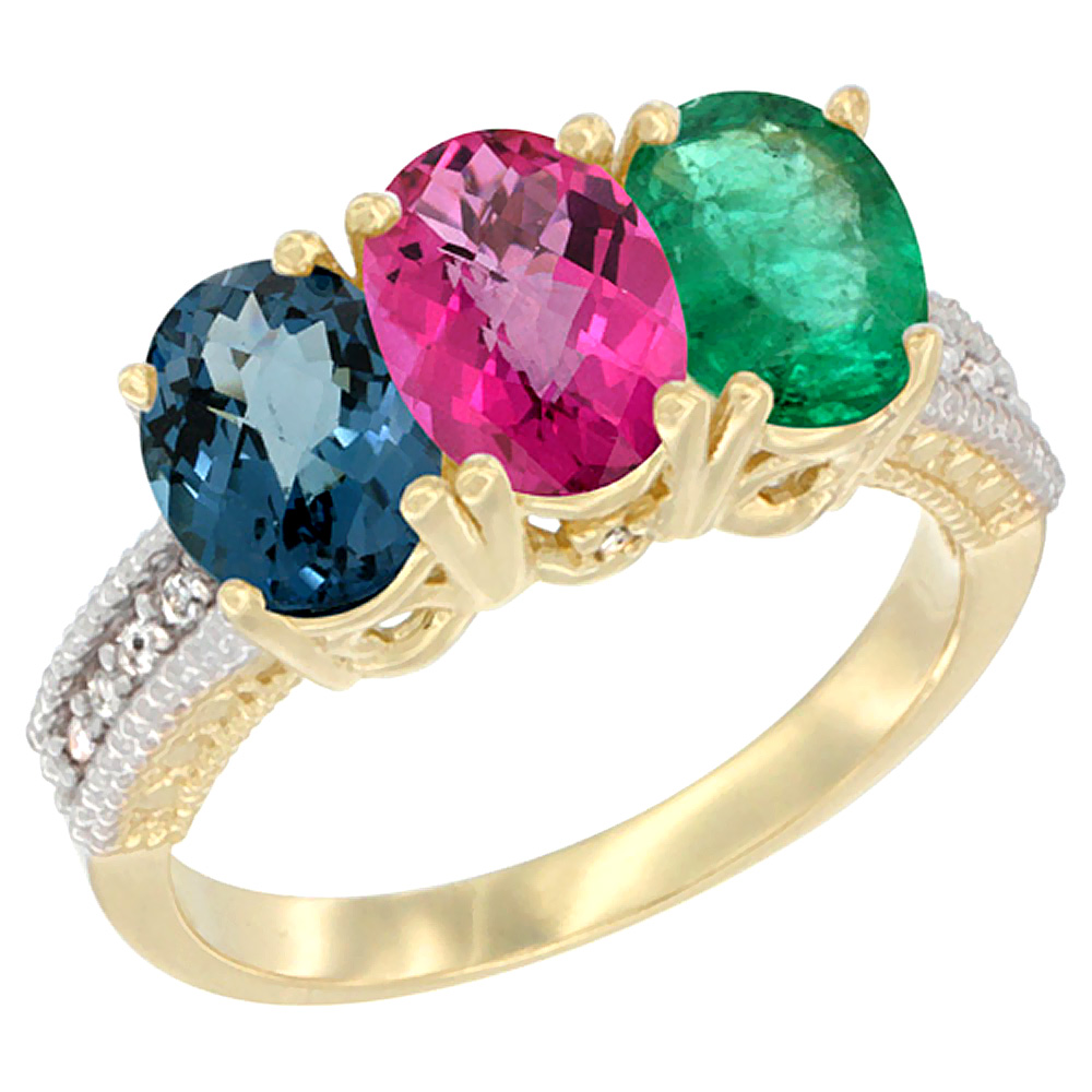 10K Yellow Gold Diamond Natural London Blue Topaz, Pink Topaz &amp; Emerald Ring 3-Stone Oval 7x5 mm, sizes 5 - 10
