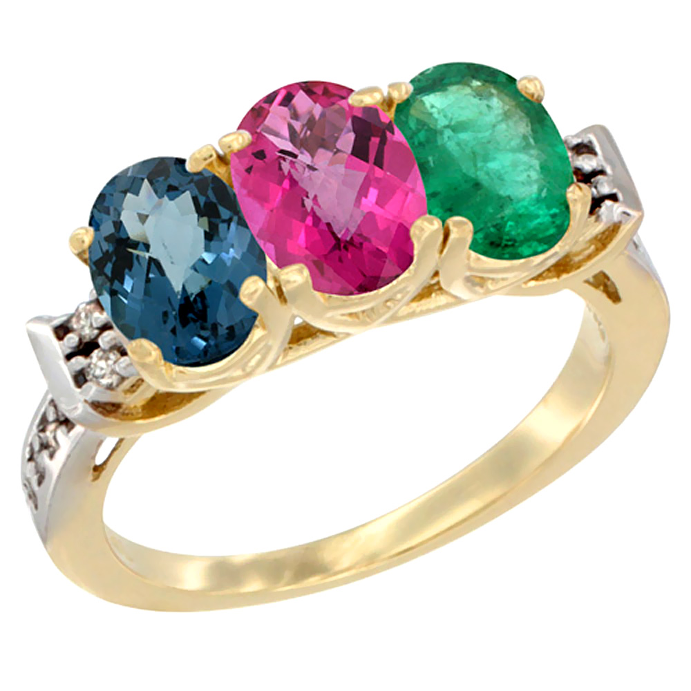 10K Yellow Gold Natural London Blue Topaz, Pink Topaz & Emerald Ring 3-Stone Oval 7x5 mm Diamond Accent, sizes 5 - 10