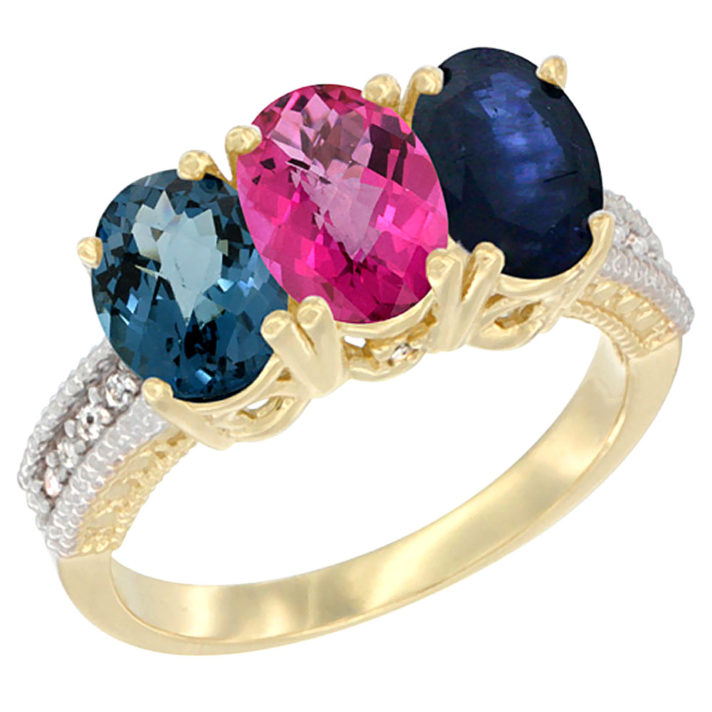 10K Yellow Gold Diamond Natural London Blue Topaz, Pink Topaz &amp; Blue Sapphire Ring 3-Stone Oval 7x5 mm, sizes 5 - 10