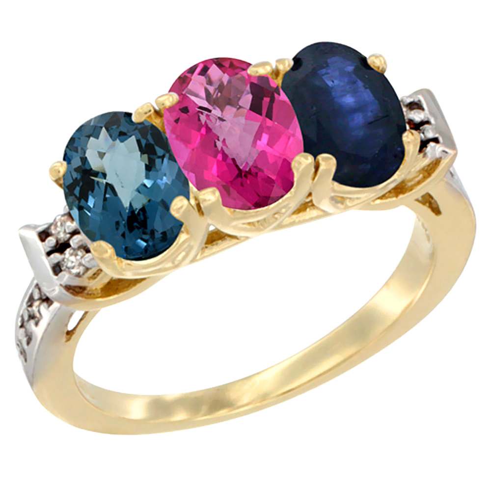 14K Yellow Gold Natural London Blue Topaz, Pink Topaz & Blue Sapphire Ring 3-Stone 7x5 mm Oval Diamond Accent, sizes 5 - 10