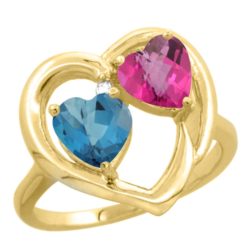 14K Yellow Gold Diamond Two-stone Heart Ring 6mm Natural London Blue Topaz & Pink Topaz, sizes 5-10