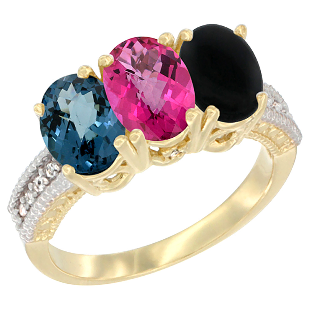 14K Yellow Gold Natural London Blue Topaz, Pink Topaz & Black Onyx Ring 3-Stone 7x5 mm Oval Diamond Accent, sizes 5 - 10