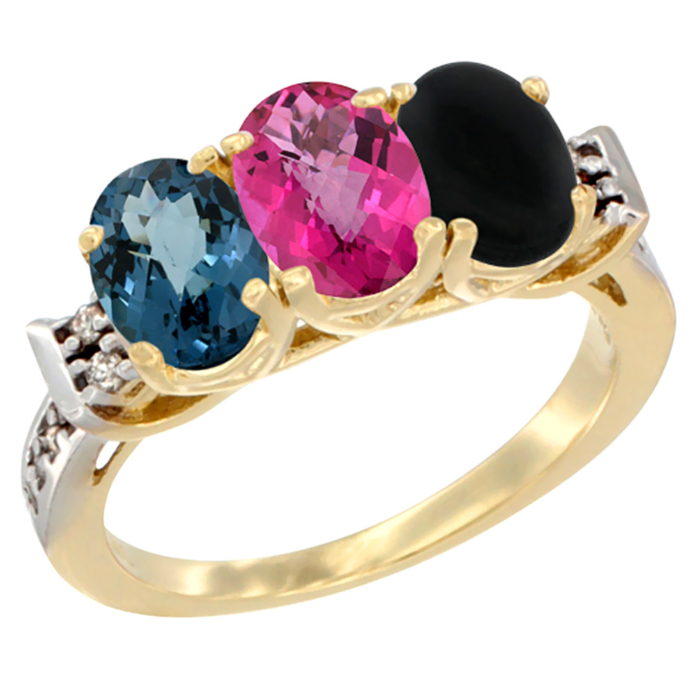 14K Yellow Gold Natural London Blue Topaz, Pink Topaz & Black Onyx Ring 3-Stone 7x5 mm Oval Diamond Accent, sizes 5 - 10