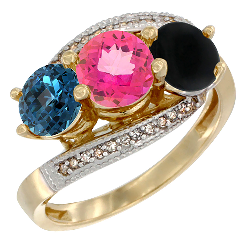 10K Yellow Gold Natural London Blue Topaz, Pink Topaz & Black Onyx 3 stone Ring Round 6mm Diamond Accent, sizes 5 - 10