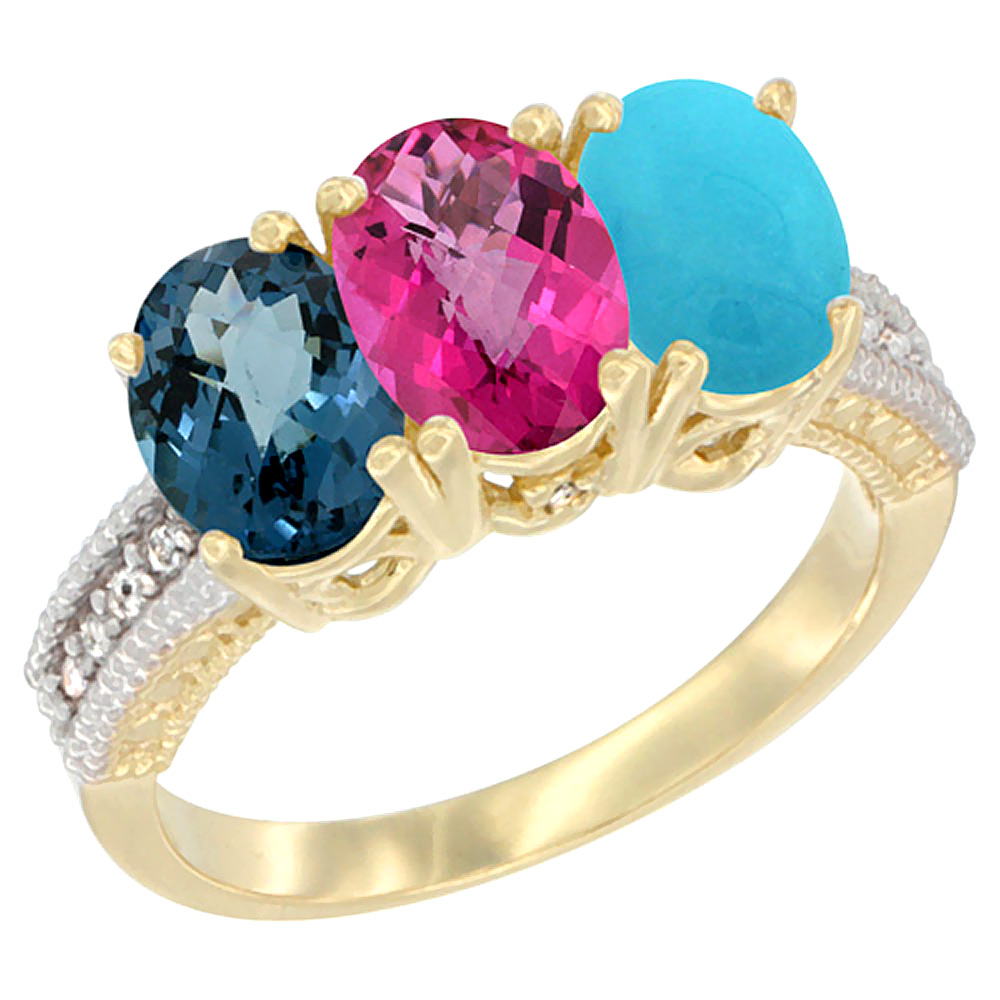 14K Yellow Gold Natural London Blue Topaz, Pink Topaz & Turquoise Ring 3-Stone 7x5 mm Oval Diamond Accent, sizes 5 - 10