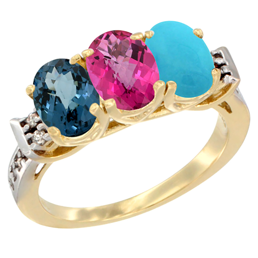 10K Yellow Gold Natural London Blue Topaz, Pink Topaz &amp; Turquoise Ring 3-Stone Oval 7x5 mm Diamond Accent, sizes 5 - 10