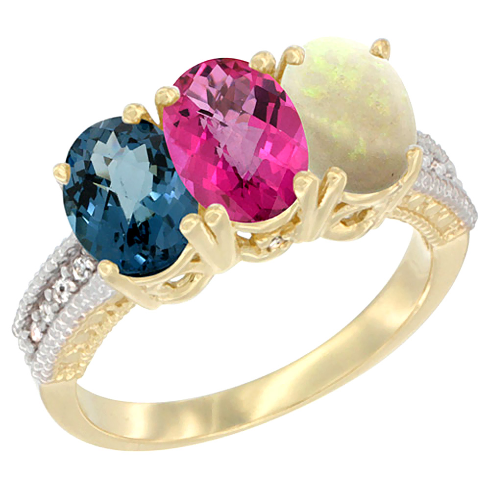 10K Yellow Gold Diamond Natural London Blue Topaz, Pink Topaz & Opal Ring 3-Stone Oval 7x5 mm, sizes 5 - 10