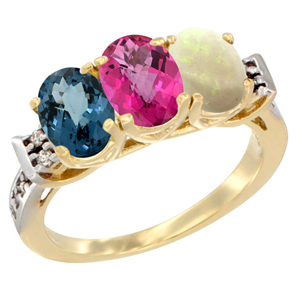 10K Yellow Gold Natural London Blue Topaz, Pink Topaz & Opal Ring 3-Stone Oval 7x5 mm Diamond Accent, sizes 5 - 10